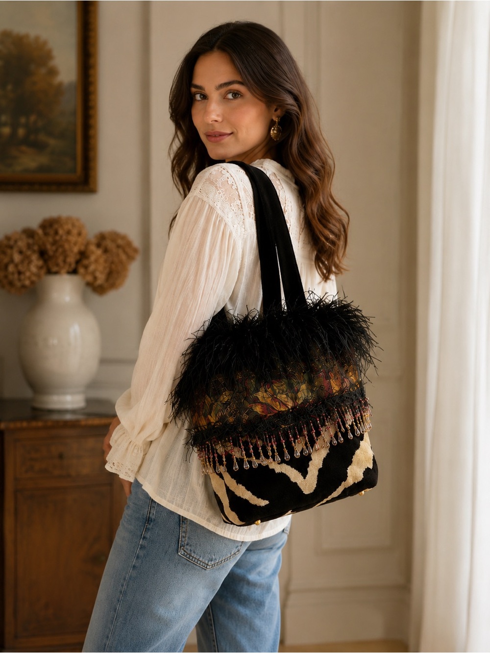 Lore Lea Feather Crystal Fringe Tapestry Zebra Shoulder Bag Artisan